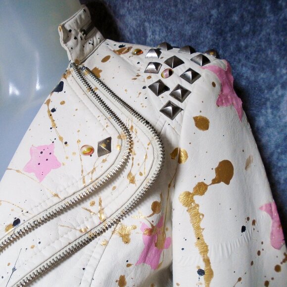 White Moto Jacket Celestial Pink Stars, Vegan Leather, Studs, Wearable Art - Picture 3 of 16